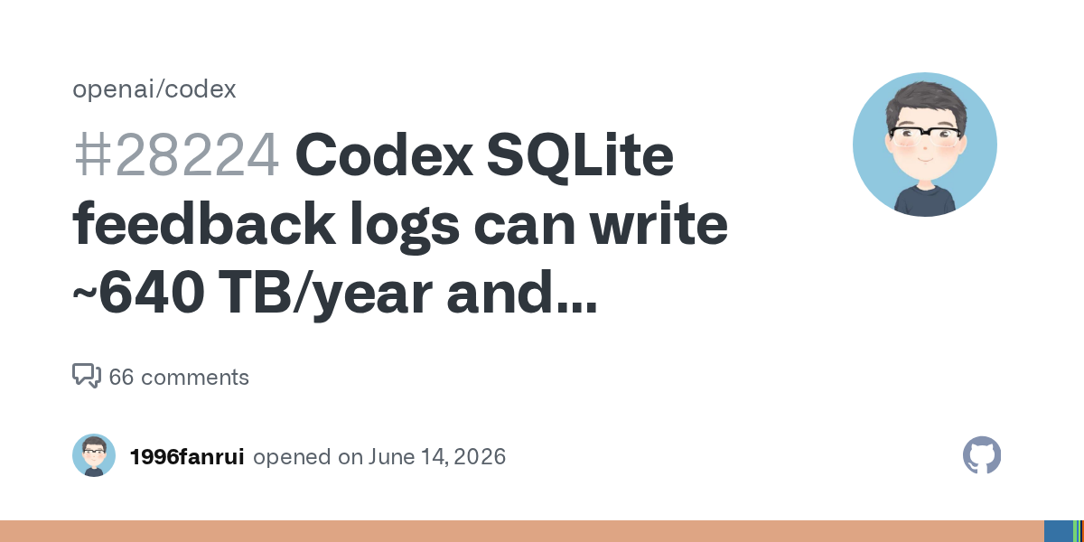 OpenAI Codex GitHub Issue #28224 — SQLite logging SSD wear
